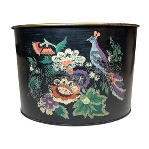 VTG Toleware Metal Hand-Painted Cannister Black Peacock Floral Small Bin